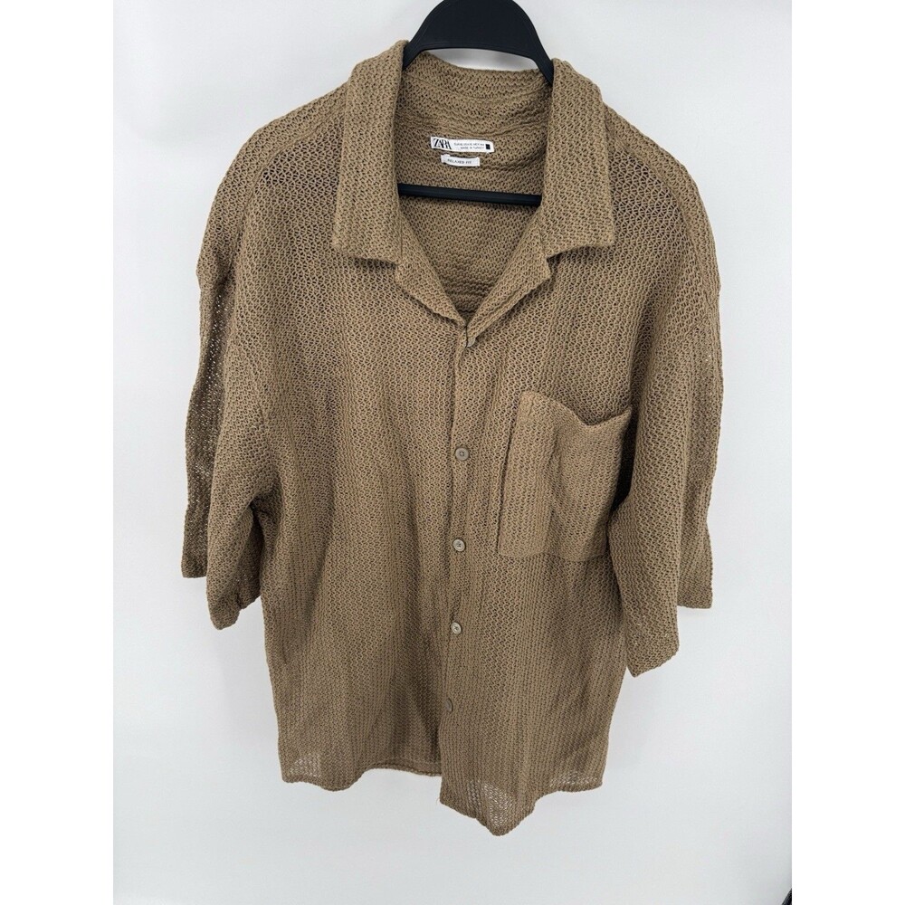 Zara Shirt Mens XL Brown Crochet Striped Button Up Short Sleeve Boho Resort